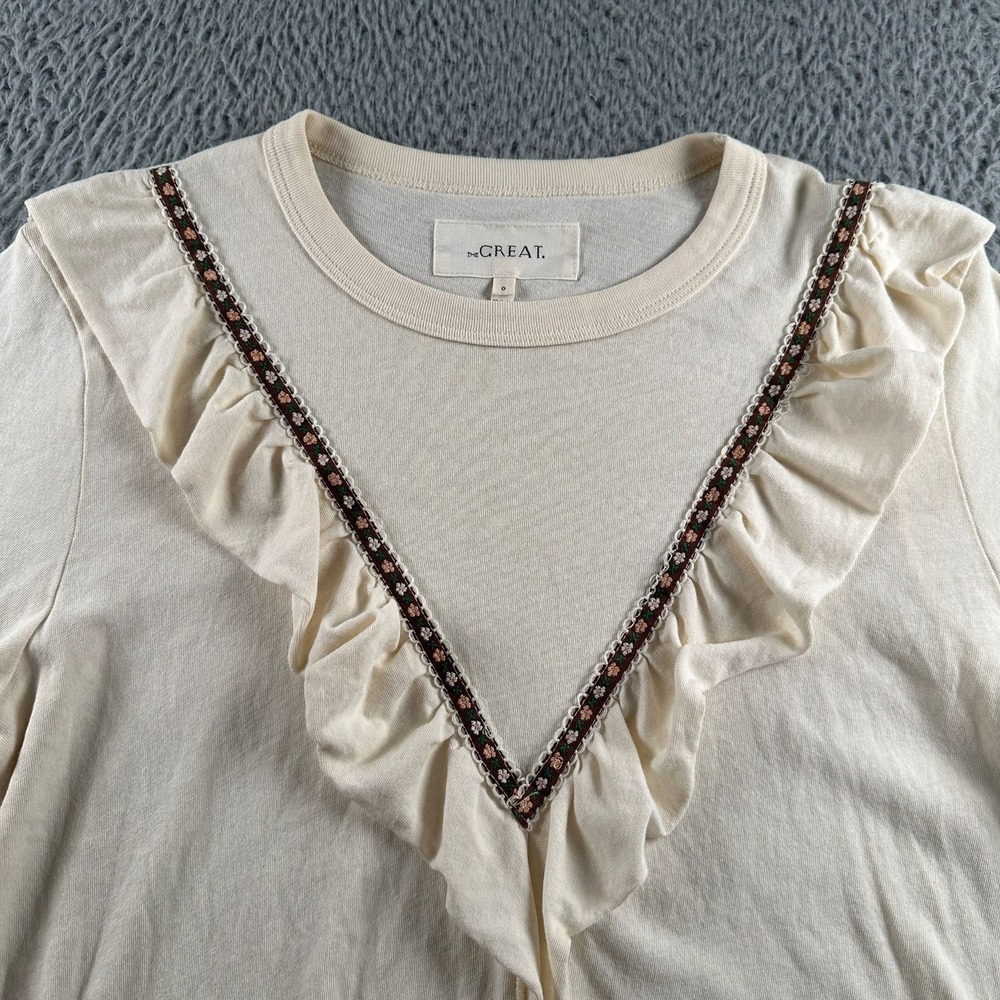 The Great Tee Womens 0 Ivory Ruffle V Floral Ribbon Short Sleeve Cotton‎ Top - Picture 2 of 9